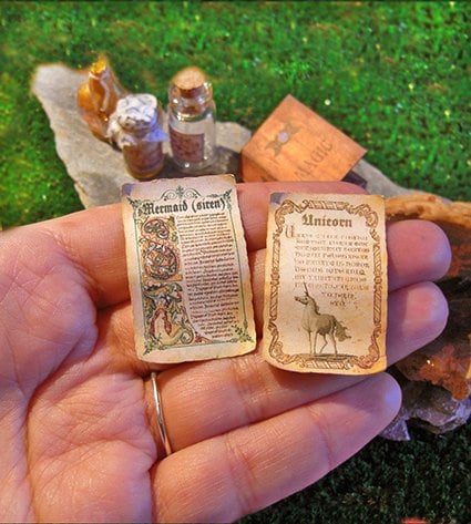 Two Miniature Magic Scrolls, two sides parchment, sirens and unicorns,  printable  Digital DOWNLOAD, dollhouses in 1:12 scale, DIY tutorial.
