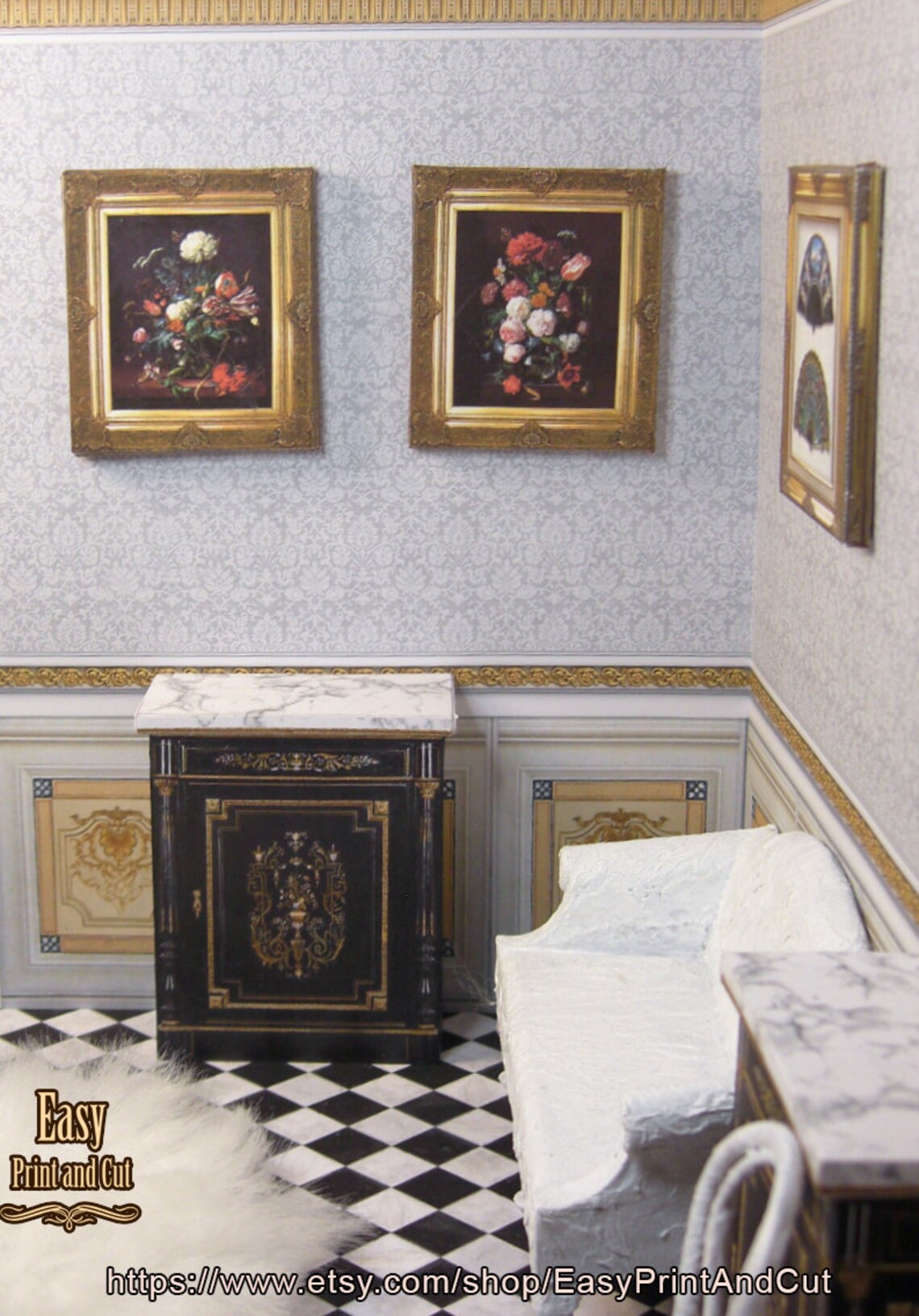 Dollhouse Wallpaper for 1:12 Scale Miniatures, With Decorative Golden ...