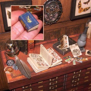 Peut inclure: Scène de bibliothèque miniature avec un petit livre bleu orné de dorures, un livre ouvert illustré et des spécimens d'insectes encadrés. Un pendentif chauve-souris est visible. Le tout est posé sur un meuble en bois.