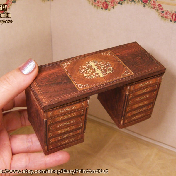 Miniature Victorian Desk,  for 1:12 scale doll houses, dioramas, roombox... printable DOWNLOAD, papercraft DIY with easy video tutorial.