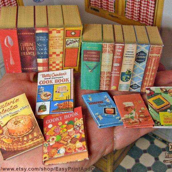 1:6 Printable Miniature, CookBooks Covers, Big Collections in Box, Vintage Library for dollhouses, DIGITAL DOWNLOAD. Free easy Tutorial DIY.