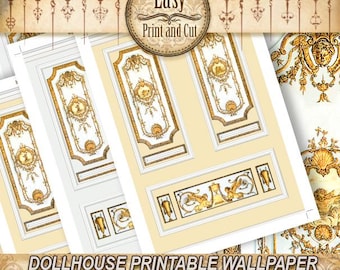 Papier peint maison de poupée à l'échelle 1:12, 4 papiers peints décoratifs moulures dorées, deux couleurs de mur, blanc et crème « Style rococo », TÉLÉCHARGEMENT numérique