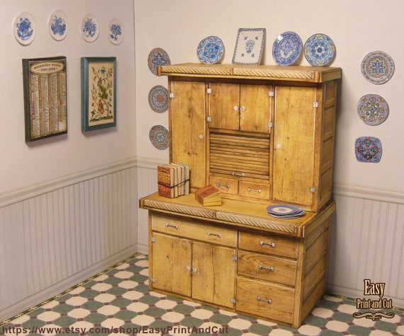 Vintage Kitchen Big Cupboard . DIGITAL DOWNLOAD, 1:12 scale, Miniature dollhouse kitchen,  papercraft DIY dollhouse with Tutorial
