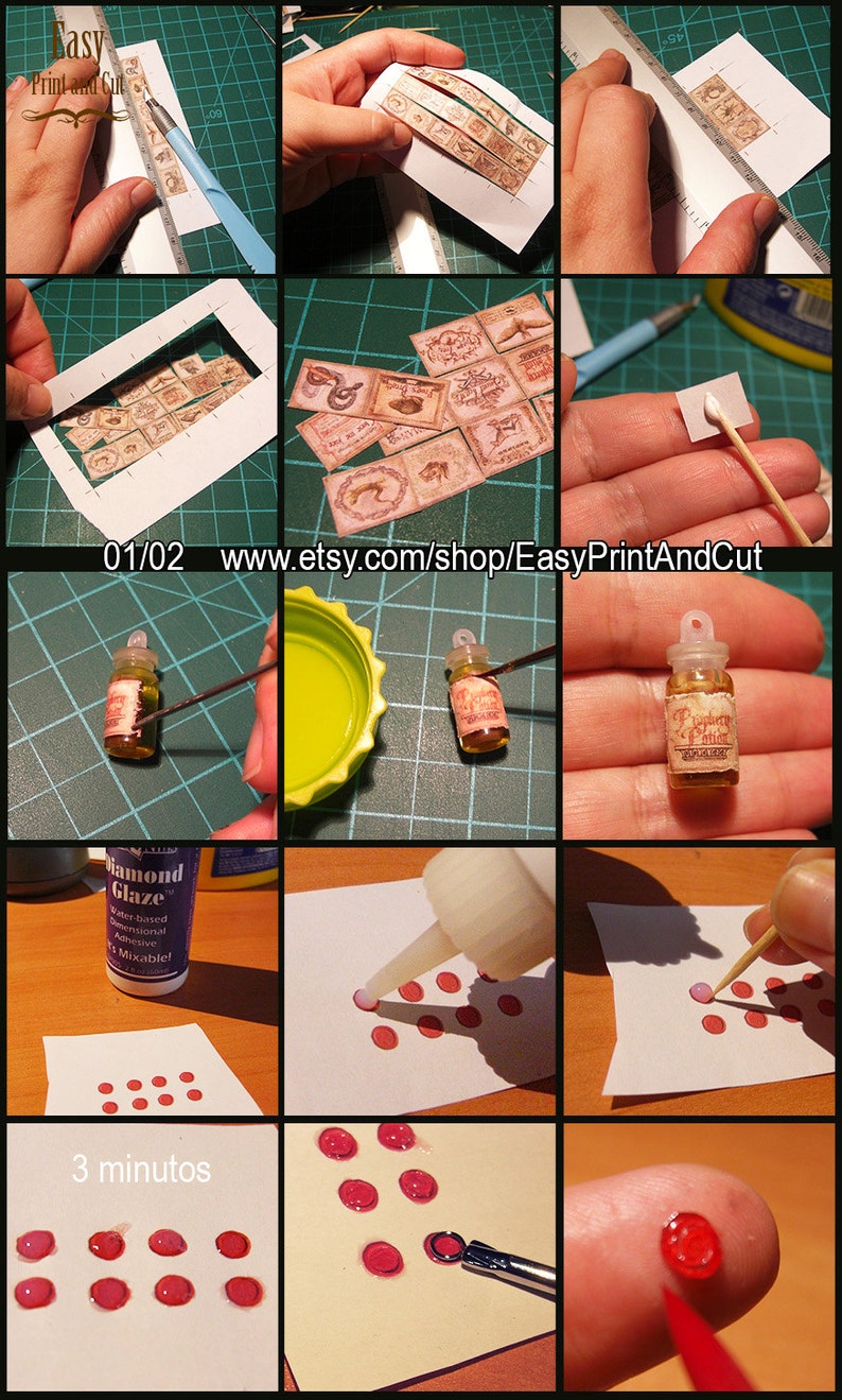 Op de afbeelding: Een stapsgewijze handleiding voor het maken van miniatuur glazen flessen met behulp van papier, lijm en een tandenstoker. De afbeelding toont het proces van het uitsnijden van het papier, het lijmen op de fles en het toevoegen van details met een tandenstoker. Het eindproduct is een set miniatuur glazen flessen met etiketten waarop "Frambozenjam" en "Diamantglazuur" staat.