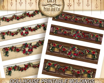 Decorative christmas panels with garlands of lights, flowers and balls, Printable dollhouse wallpaper moldings, DIGITAL DOWNLOAD, 1:12 scale