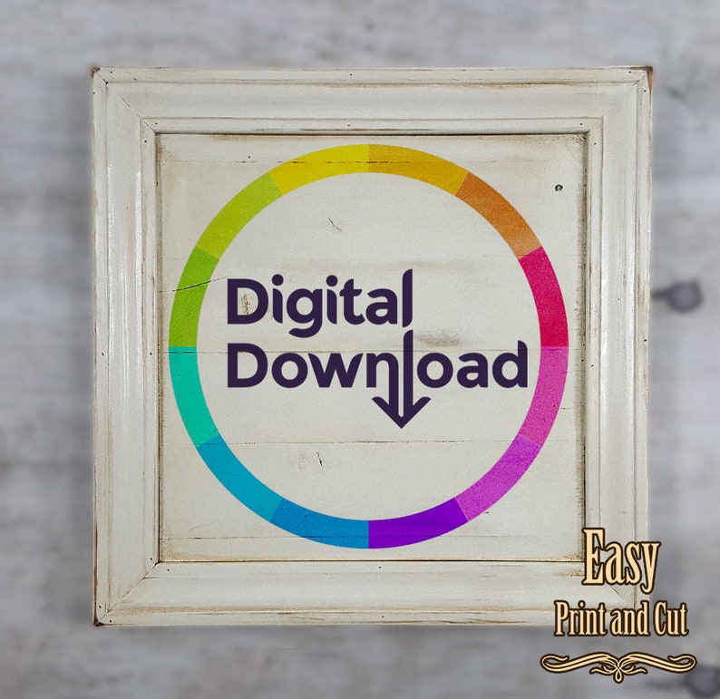 Pu&ograve; includere: Un cartello incorniciato di bianco con un cerchio arcobaleno e il testo "Download digitale" in viola. Il cartello dice anche "Facile da stampare e tagliare" nell'angolo in basso a destra.