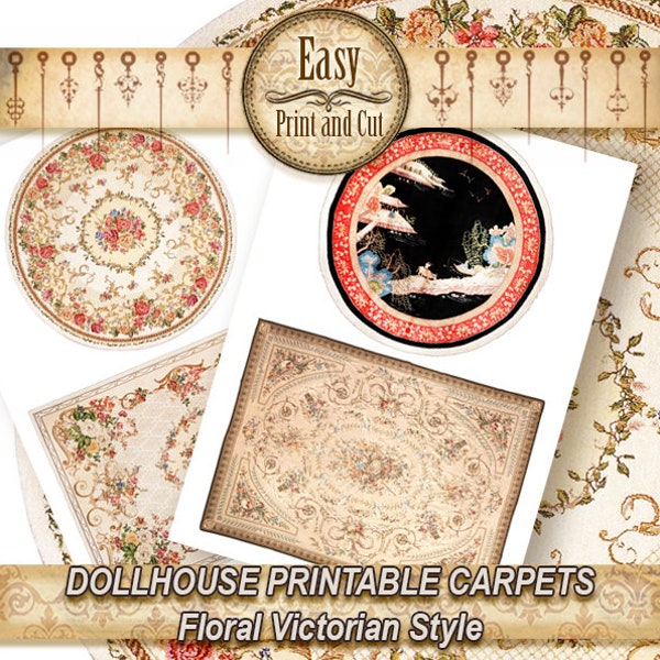 4 Dollhouse Carpets, Rugs, Floral Victorian Style, for dollhouse dioramas, roombox 1:12 scale. RINTABLE DIGITAL DOWNLOAD, miniature carpets.