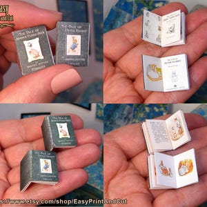 May include: Miniature books of "The Tale of Jemima Puddle-Duck" and "The Tale of Peter Rabbit" by Beatrix Potter. The books are gray with illustrations on the covers and inside pages. The Etsy shop name "Easy Print And Cut" is visible.