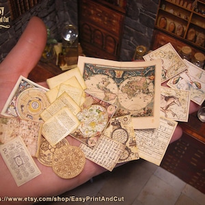 Set di alchimia, casa in miniatura, scala 1:12, simboli alchemici, mappe stellari e terrestri, scritte, fogli bianchi... Fai da te stampabile, curiosità.