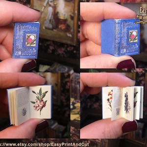 May include: A miniature book titled "Familiar Garden Flowers" with a blue cover and gold lettering. The book is open to show illustrations of flowers.