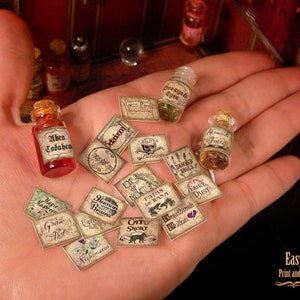 Pode incluir: Uma coleção de pequenos frascos de vidro com rótulos para várias poções mágicas, incluindo "Aben Cadabra", "Lágrimas de Sereia", "Olho Único" e "Pó de Fada". Os frascos estão dispostos em uma mão com vários pequenos rótulos de papel com nomes de poções como "Cérebro Humano", "Ronco de Gato" e "Pesadelos".