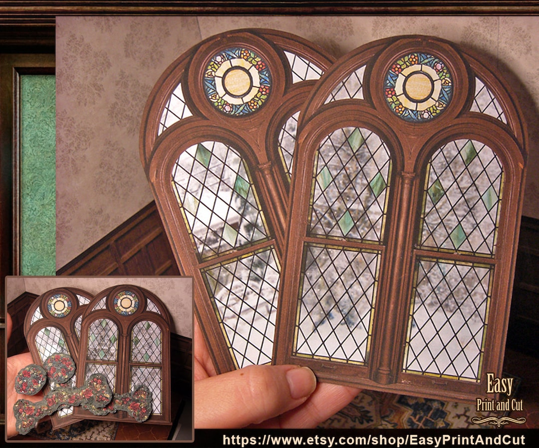 Dollhouse Stained Glass Windows, Christmas Decoration With Wreaths for