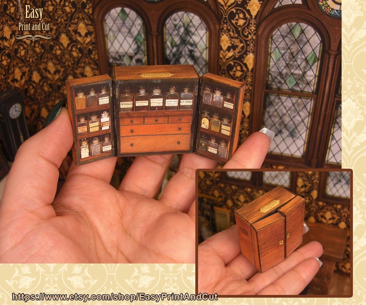 Miniature victorian apothecary medical kit case, antique medicine bottles, Dollhouse 1:12 scale Printable DOWNLOAD, curiosities and oddities