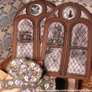 Dollhouse Windows Winter, Wreaths, Decoration, Stained  Glass  Wallpaper, printable DIGITAL DOWNLOAD. tutorial . Vintage . 1:12 Miniature