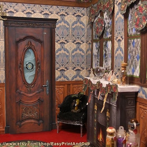 Druckbare Miniaturtür im Jugendstil mit Türrahmen und Weihnachtskranz, zwei Seiten, DIGITALER DOWNLOAD für 1:12 Puppenhaus