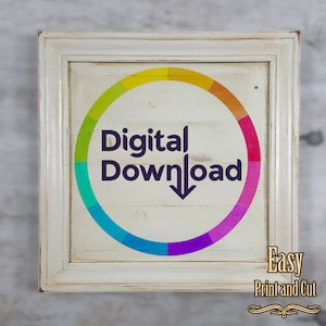 K&ouml;nnte beinhalten: Ein wei&szlig; gerahmtes Schild mit einem Regenbogenkreis und dem Text "Digitaler Download" in Lila. Das Schild sagt auch "Einfaches Drucken und Schneiden" in der rechten unteren Ecke.