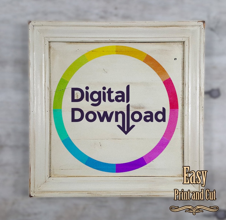 K&ouml;nnte beinhalten: Ein wei&szlig; gerahmtes Schild mit einem Regenbogenkreis und dem Text "Digitaler Download" in Lila. Das Schild sagt auch "Einfaches Drucken und Schneiden" in der rechten unteren Ecke.