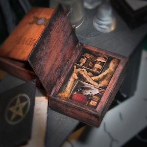 Miniature Voodoo box case, shadow box, Magic tools , Victorian Steampunk Goth, Printable Digital download for dollhouse in Scale 1:12