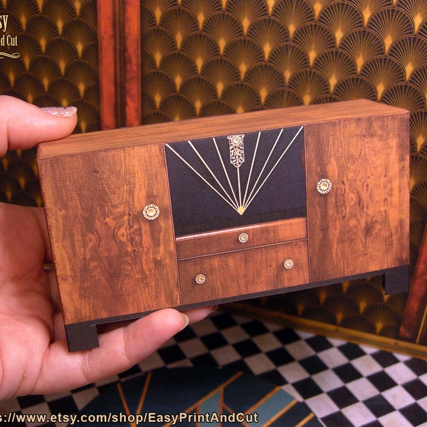 Miniaturreproduktion eines Sideboards im Art-Deco-Stil der 20er Jahre im Maßstab 1:12, DIY-Druckvorlage zum digitalen Download mit einfacher Anleitung.