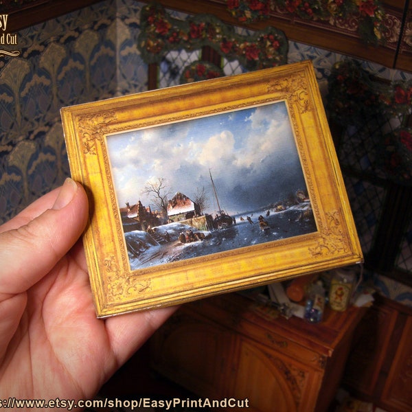 Miniature framed painting art, old winter scene, christmas, Printable digital download with easy DIY video tutorial, dollhouse scale 1:12