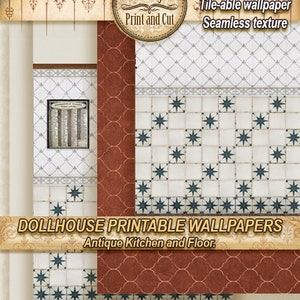 Dollhouse Wallpaper and floor 1:12 scale, Antique Kitchen, terracotta floor, ceramic slabs tiles, DIY miniature, printable DIGITAL DOWNLOAD.