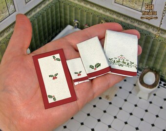 1:12 Miniature Christmas Towels Set, 3 towels and the bath mat, Printable digital download, one or two sides, DIY papercraft (or fabric).