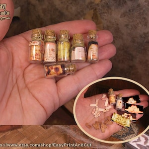 May include: Miniature glass bottles with cork stoppers, filled with various colored liquids and small labels. The bottles are held in a hand, with a small, round image of additional miniature items in the lower right corner.