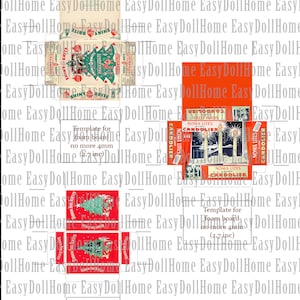 K&ouml;nnte beinhalten: Eine druckbare Vorlage f&uuml;r eine Miniatur-Weihnachtsbox mit einem roten und gr&uuml;nen Weihnachtsbaumdesign mit dem Text "Shiny Brite" und einer roten und wei&szlig;en Box mit dem Text "Noma Lites Candollier". Die Vorlage ist f&uuml;r Schaumstoffplatten, nicht dicker als 4 mm.