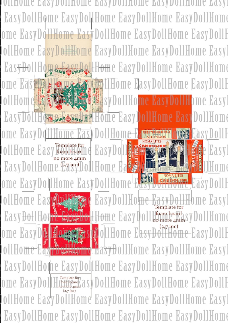 K&ouml;nnte beinhalten: Eine druckbare Vorlage f&uuml;r eine Miniatur-Weihnachtsbox mit einem roten und gr&uuml;nen Weihnachtsbaumdesign mit dem Text "Shiny Brite" und einer roten und wei&szlig;en Box mit dem Text "Noma Lites Candollier". Die Vorlage ist f&uuml;r Schaumstoffplatten, nicht dicker als 4 mm.