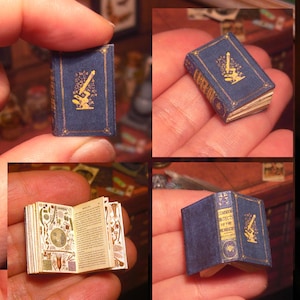 May include: A miniature book with a blue cover and gold lettering. The title of the book is "Common Objects of the Microscope". The book is open to reveal illustrations of microscopic objects.