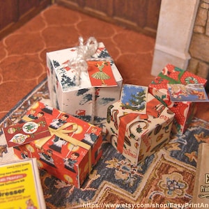 4 miniature Christmas gifts with greeting cards, printable dollhouse decoration, Miniature Christmas boxes, 1:12, easy papercraft.