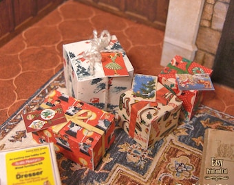 4 miniature Christmas gifts with greeting cards, printable dollhouse decoration, Miniature Christmas boxes, 1:12, easy papercraft.