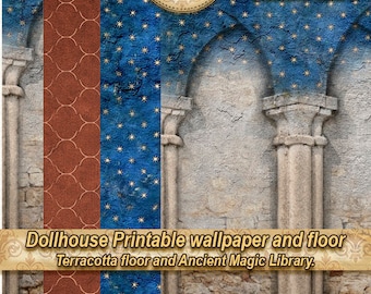 Papier peint bibliothèque de la magie ancienne pour maison de poupée et sol en terre cuite (téléchargement numérique)