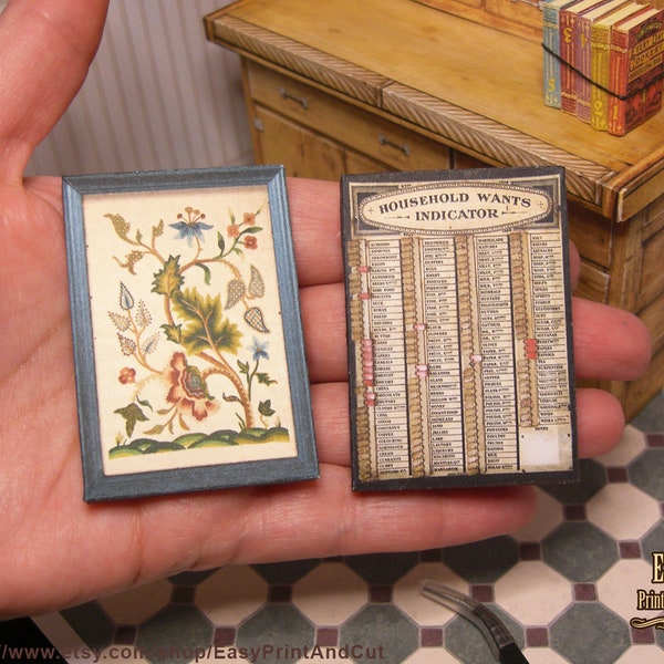 Miniature 1:12 scale, antique household wants indicator & traditional embroidery, printable download, vintage, victorian era, DIY tutorial.