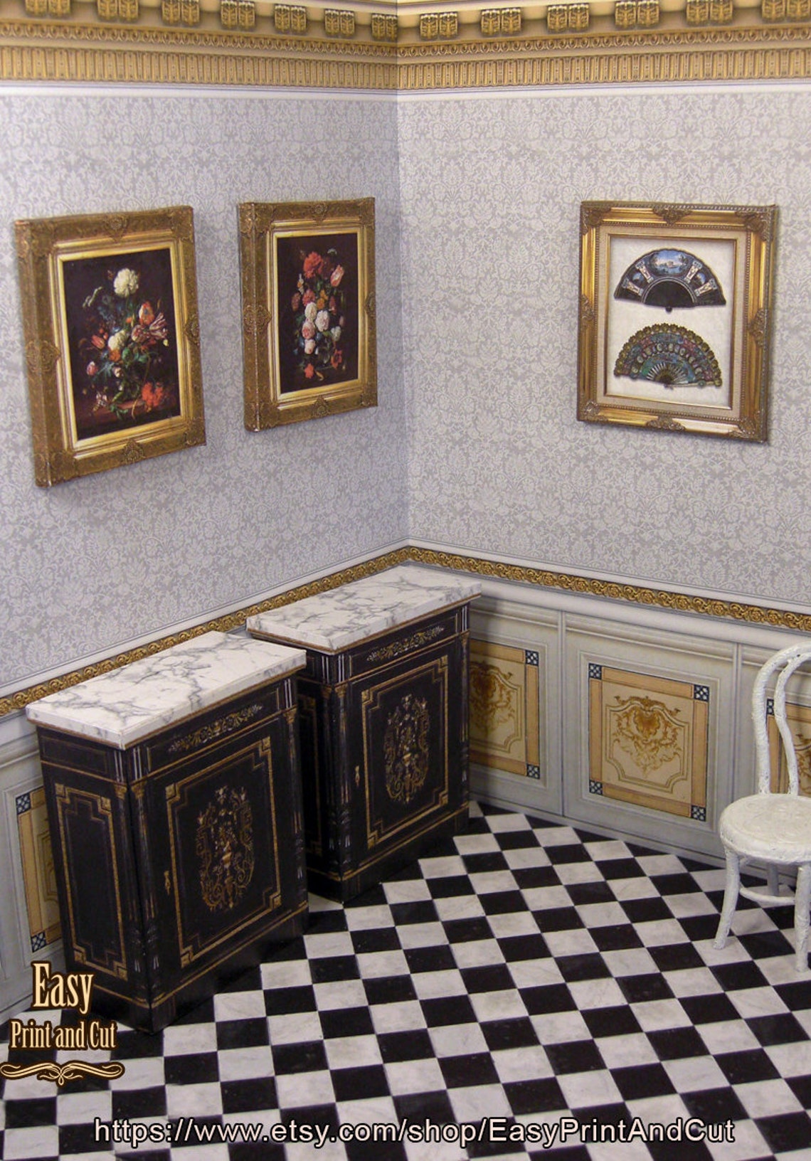 Dollhouse Wallpaper for 1:12 Scale Miniatures, With Decorative Golden ...