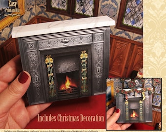 Victorian metal Fireplace. Christmas Decoration. Printable DIGITAL DOWNLOAD, 1:12 scale, roombox, dioramas.. video tutorial. Papercraft DIY