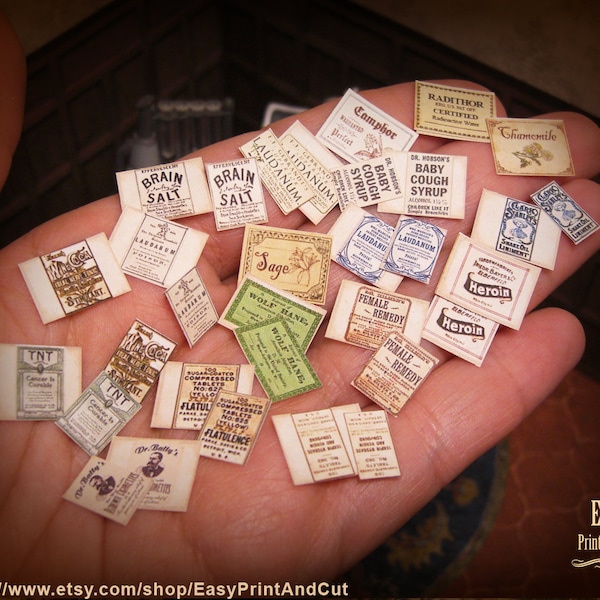 Printable Medicines labels, 1/12 miniature dollhouse, Medical oddities, Apothecary, curiosities DIGITAL DOWNLOAD. scalable for blythe dolls.