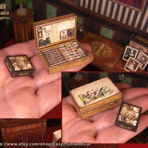 May include: A set of miniature wooden boxes with intricate details. The boxes are decorated with various images, including birds, flowers, and a dodo. The boxes are perfect for storing small items or for use in dollhouses.