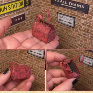 Dollhouse Victorian suitcase/handbag | design simulating red velvet with damask pattern | 112 Scale Printable DIY