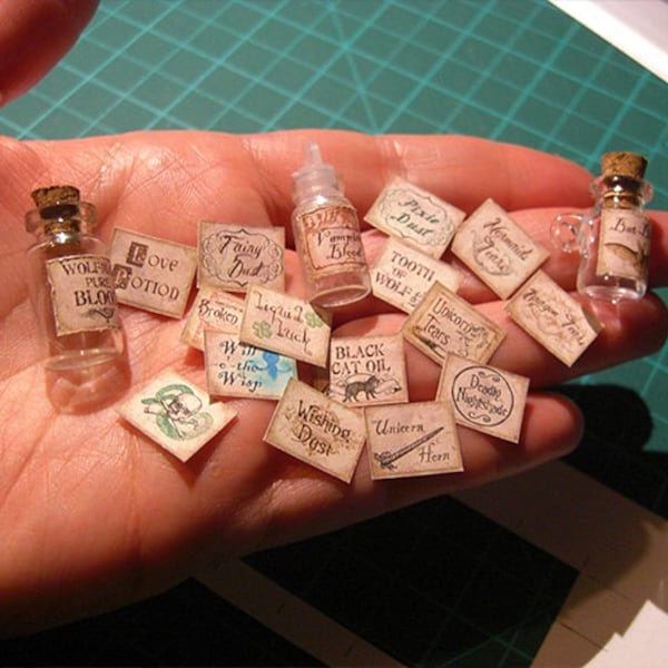 36 Miniature Magic Apothecary labels - 64 sealing wax - Fantasy Potion Labels - 18 English & 18 Spanish - Printable DIGITAL DOWNLOAD -1:12