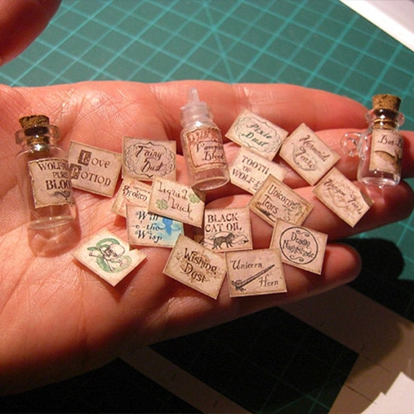 36 Miniature Magic Apothecary labels - 64 sealing wax - Fantasy Potion Labels - 18 English & 18 Spanish - Printable DIGITAL DOWNLOAD -1:12