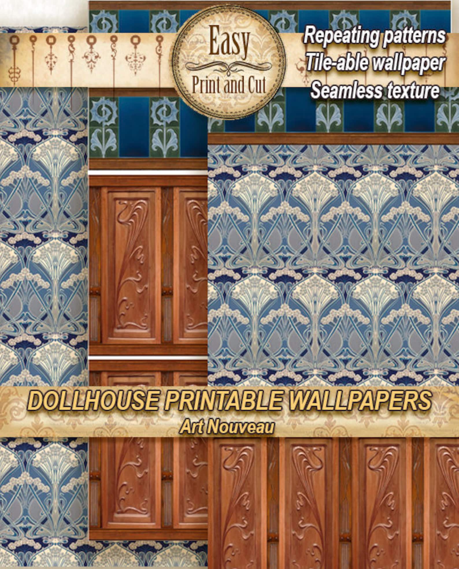 Dollhouse Wallpaper Art Nouveau 01. Wood Panel. Tiles. Etsy