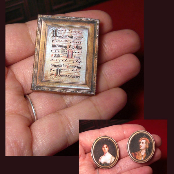 MINIATURE framed art, for 1:12 scale, medieval  original sheet music and Lord Byron and Caroline Lamb portraits . Printable DIGITAL DOWNLOAD