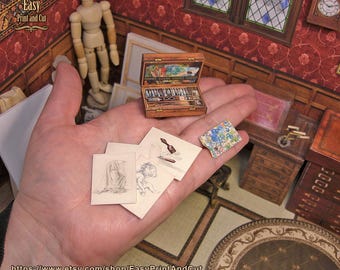1:12 miniature painting Set, case, oil palette, brushes and sketches, dollhouses art workshop. Printable digital download, DIY papercraft.