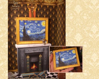 Van Gogh Starry Night 1:12 | Miniature Framed Painting | Dollhouse Wall Art Printable