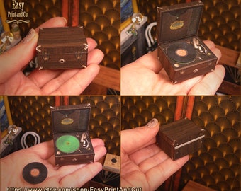Platine vinyle antique miniature à l'échelle 1:12, tourne-disque, reproduction authentique, avec un disque, tutoriel facile, téléchargement imprimable DIY, maison de poupée.
