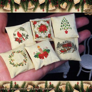1:12 Miniatur Kissen - Kissen Set. Viktorianische Winter- und Weihnachtsstickerei, bedruckbarer Download, DIY, Bastelpapier und bedruckbarer Stoff