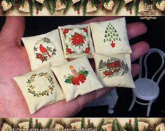 1:12 Miniature cushions - pilows Set. Victorian winter & christmas embroidery, Printable  download, DIY, tutorial paper and printable fabric