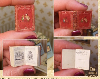 Miniature Book, Alice in Wonderland , 1/12 scale illustrated book, printable dollhouse item, L. Carroll, digital download, free tutorial.