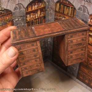 Miniature Medieval Desk,  for 1:12 scale doll houses, dioramas, roombox... printable DOWNLOAD, papercraft DIY with easy video tutorial.